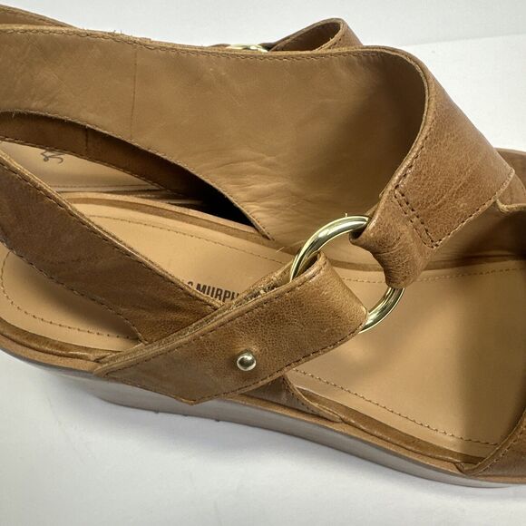 Johnston and Murphy Brown Leather Open Toe Wedges Wooden Heel Gold Buckle Sz 10 - Picture 4 of 10